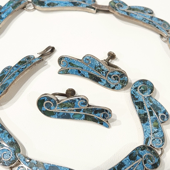 1940s Taxco Mexico Sterling Silver 950 Blue Stone Inlay 3 Piece Demi Parure Set - Picture 11 of 16